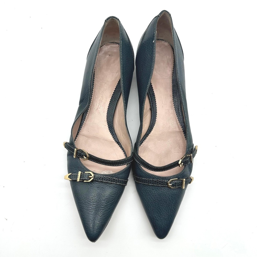 Vintage Santoni Italy Double Buckle Pointed Flats Teal Blue Pebble Leather 7.5 - Picture 3 of 10